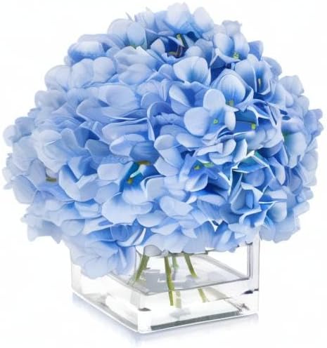 ENOVA HOME Floral Artificial Flowers Silk Hydrangea Fake Flowers Arrangement in Cube Glass Vase with Faux Water for Office Wedding Party Event Decoration (Pink)