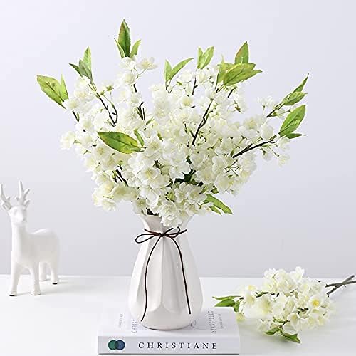 Sunm Boutique White Cherry Blossom Flowers, Artificial Cherry Blossom Decor Faux Cherry Blossom Branches Vase Arrangements for Wedding Home Party Kitchen Decor, Set of 3