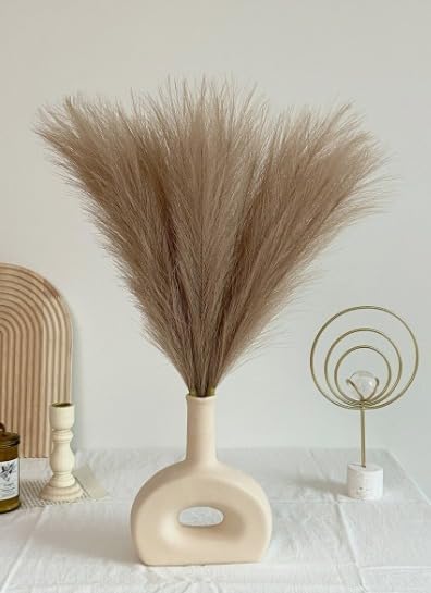 SATYAM KRAFT 3 Pcs Faux Pampas Grass Small Fluffy Artificial Flowers Fake Flower for Home, Office,Bedroom, Table Decoration and Craft Items Corner (Without Vase Pot) (Brown, Pack of 3)