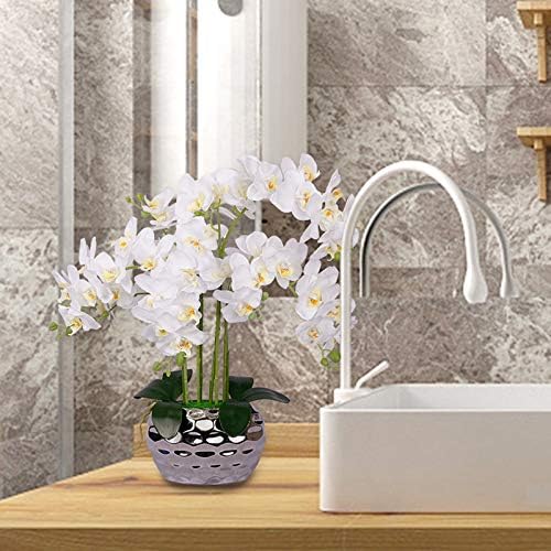 Artificial Orchid in Gold Vase White Orchid Silk Orchids Faux Orchid Plant in Gold Pot Fake Flower Arrangement White Flowers Artificial for Decoration Home Decor Kitchen Decoration Table Centerpieces