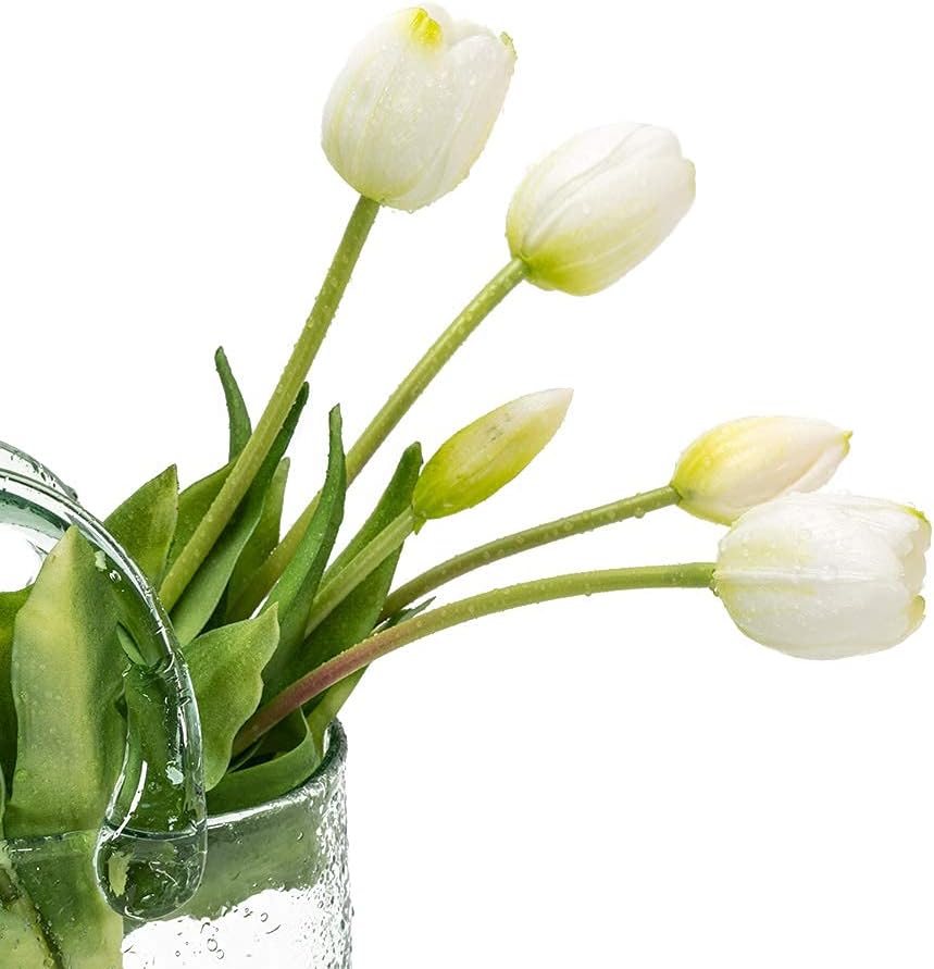 DUYONE 15pcs Artificial Tulips Flowers, Real Touch Latex Bouquet, Fake Tulips for Office Wedding Party Home Kitchen Garden Decoration(White,15pcs)