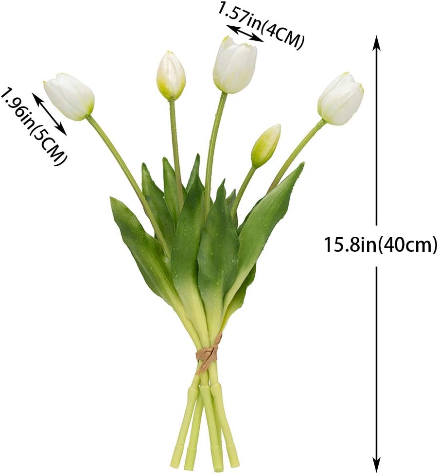 DUYONE 15pcs Artificial Tulips Flowers, Real Touch Latex Bouquet, Fake Tulips for Office Wedding Party Home Kitchen Garden Decoration(White,15pcs)