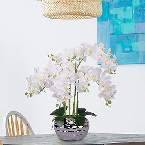 Artificial Orchid in Gold Vase White Orchid Silk Orchids Faux Orchid Plant in Gold Pot Fake Flower Arrangement White Flowers Artificial for Decoration Home Decor Kitchen Decoration Table Centerpieces