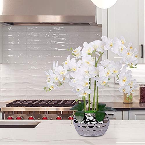 Artificial Orchid in Gold Vase White Orchid Silk Orchids Faux Orchid Plant in Gold Pot Fake Flower Arrangement White Flowers Artificial for Decoration Home Decor Kitchen Decoration Table Centerpieces