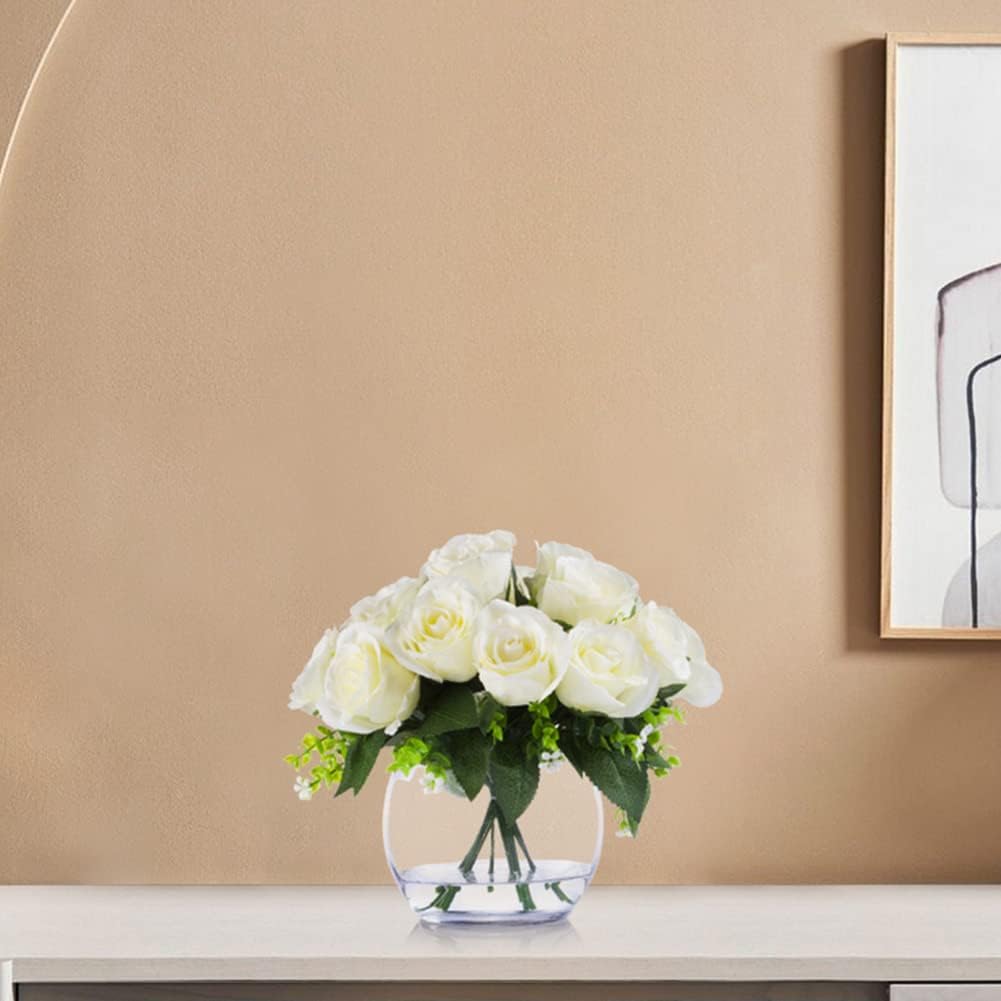 Enova Floral 18 Heads Silk Rose Artificial Flowers in Vase, Red Faux Rose Flowers Arrangement in Round Bowl Vase with Faux Water for Table Decoration (Red)