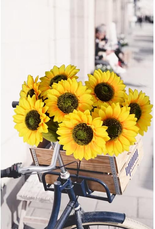 WISTART 8pcs Artificial Sunflower Flowers Long Stem Large Silk Sunflowers Bridal Wedding Bouquet Fake Yellow Flower Arrangements for Outdoor