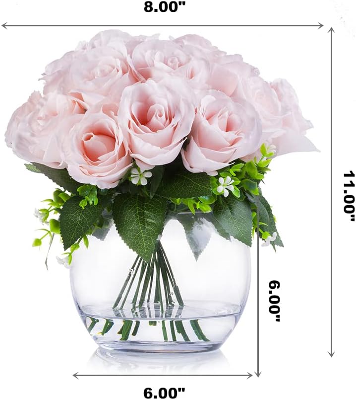 Enova Floral 18 Heads Silk Rose Artificial Flowers in Vase, Red Faux Rose Flowers Arrangement in Round Bowl Vase with Faux Water for Table Decoration (Red)
