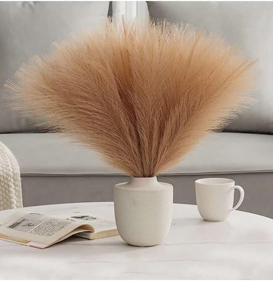 SATYAM KRAFT 3 Pcs Faux Pampas Grass Small Fluffy Artificial Flowers Fake Flower for Home, Office,Bedroom, Table Decoration and Craft Items Corner (Without Vase Pot) (Brown, Pack of 3)