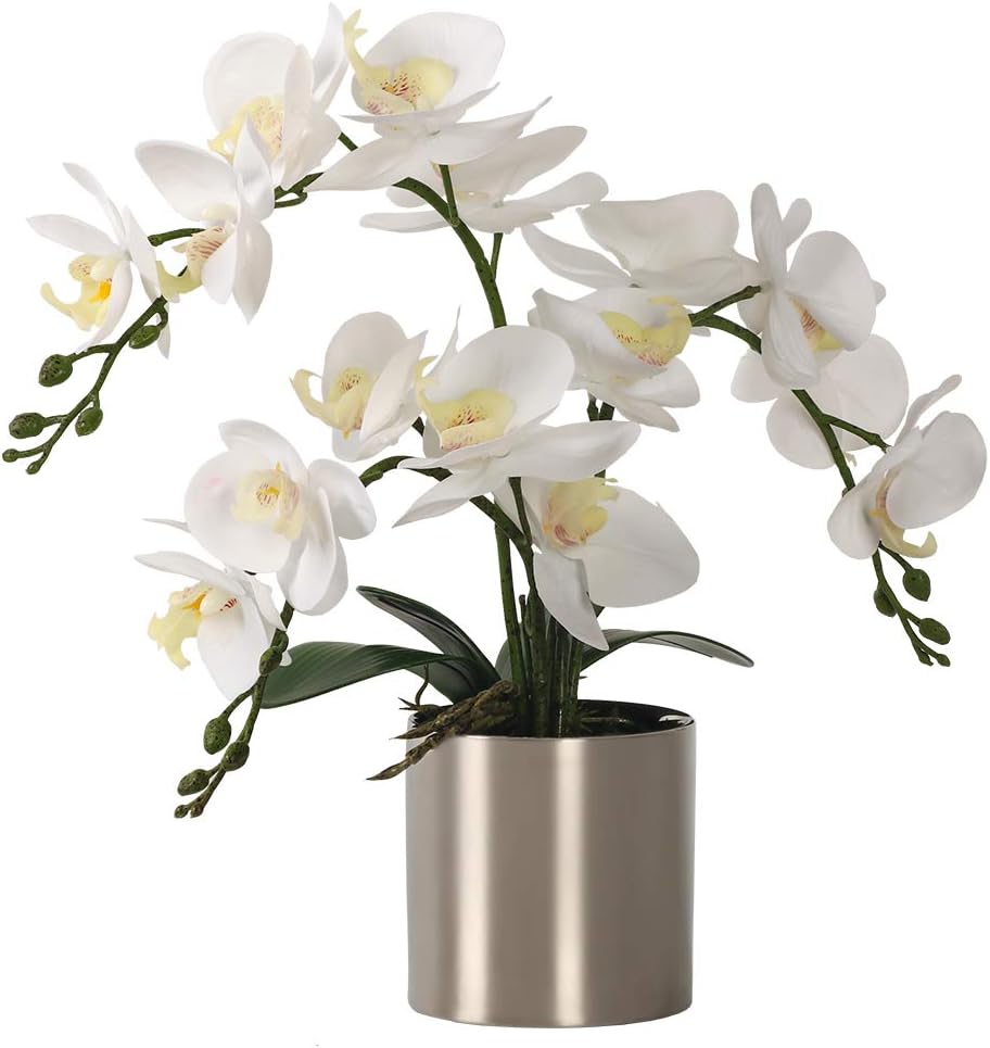 LESING Artificial Orchid Flower with Vase, White Orchid Bonsai Faux Orchid Phalaenopsis Plant Pot Arrangements for Home Decoration (White,Gold Vase)