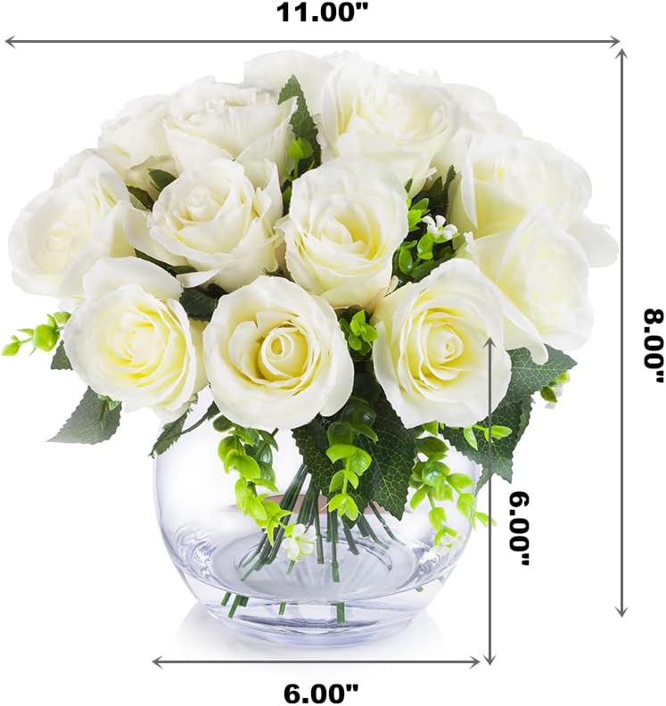 Enova Floral 18 Heads Silk Rose Artificial Flowers in Vase, Red Faux Rose Flowers Arrangement in Round Bowl Vase with Faux Water for Table Decoration (Red)