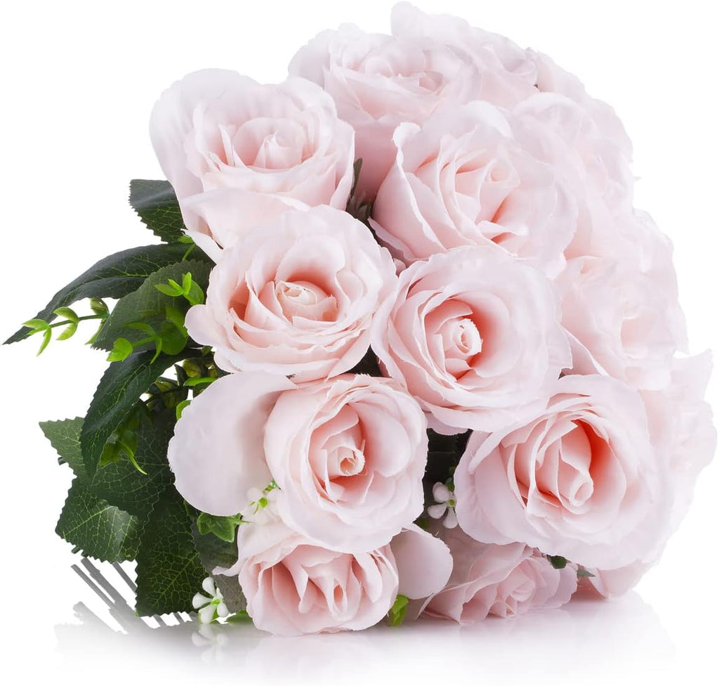 Enova Floral 18 Heads Silk Rose Artificial Flowers in Vase, Red Faux Rose Flowers Arrangement in Round Bowl Vase with Faux Water for Table Decoration (Red)