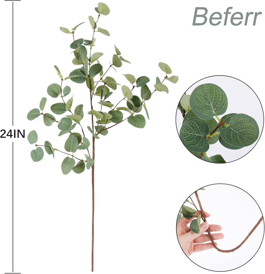 Beferr 6Pcs Artificial Eucalyptus Stems Tall 24" Faux Eucalyptus Branches Fake Greenery Plants Stems for Vase Home Party Wedding Decorations