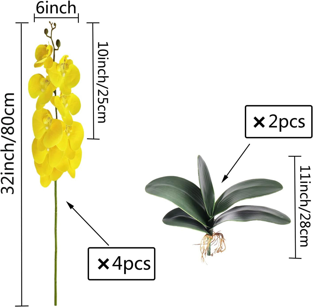 FagusHome 32 Inches Artificial Phalaenopsis Flowers 4 Pcs with 2 bundles Leaves Artificial Orchid Flowers Stem Plants for Home Décor (White)