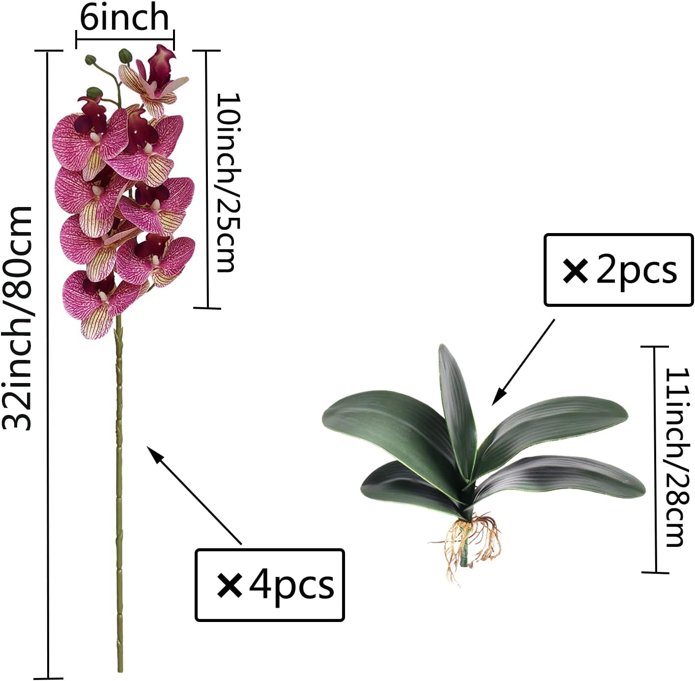 FagusHome 32 Inches Artificial Phalaenopsis Flowers 4 Pcs with 2 bundles Leaves Artificial Orchid Flowers Stem Plants for Home Décor (White)