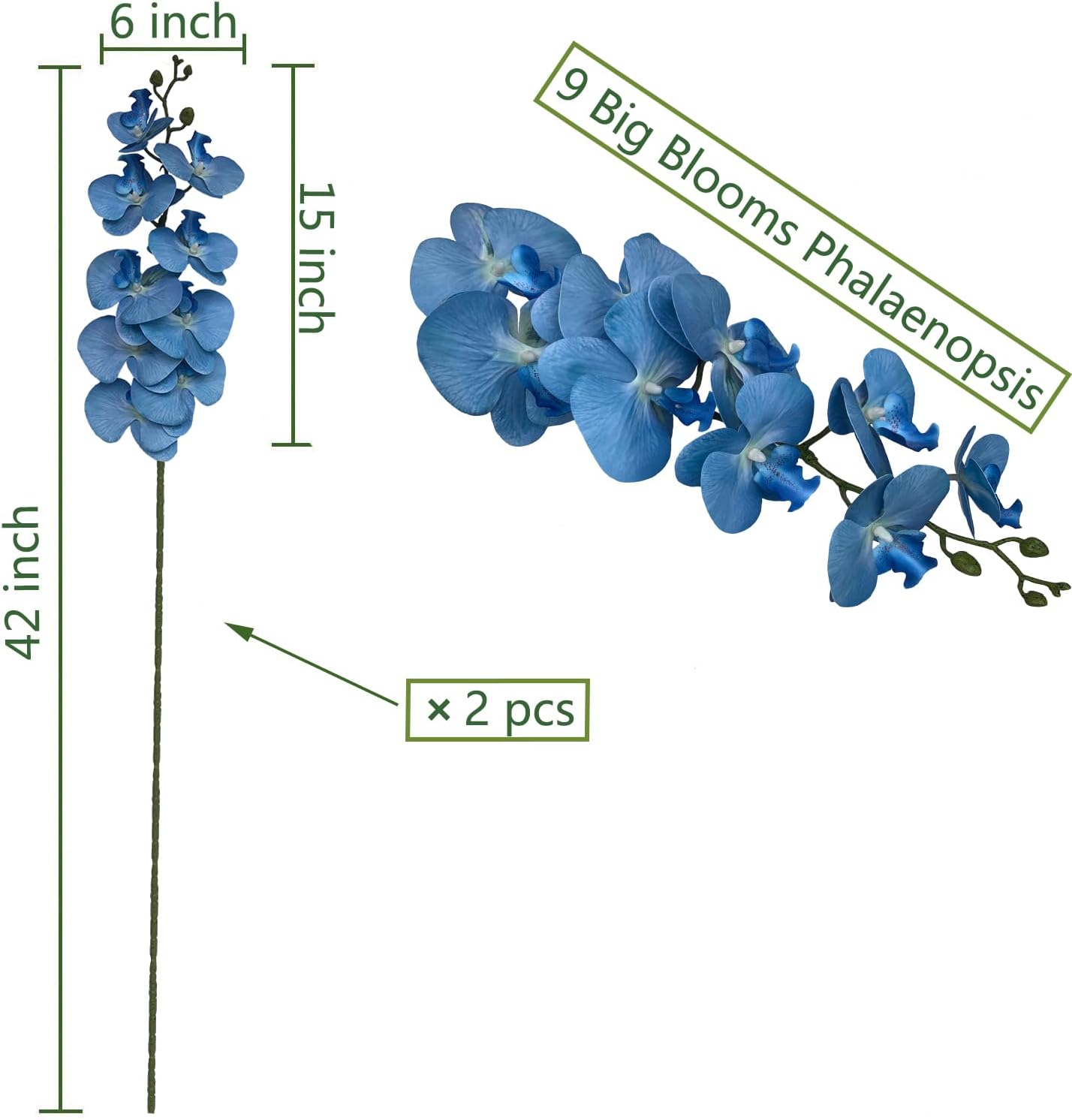 FagusHome Artificial Phalaenopsis Flowers Branches 9 Large Blooms Artificial Orchid Flowers Stem Plants 42 Inches 2 Pcs for Home Wedding Décor (Blue)