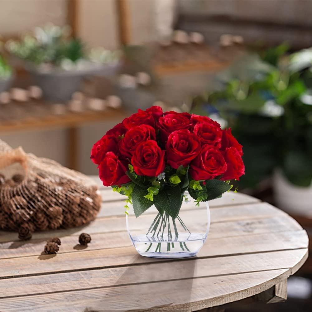 Enova Floral 18 Heads Silk Rose Artificial Flowers in Vase, Red Faux Rose Flowers Arrangement in Round Bowl Vase with Faux Water for Table Decoration (Red)