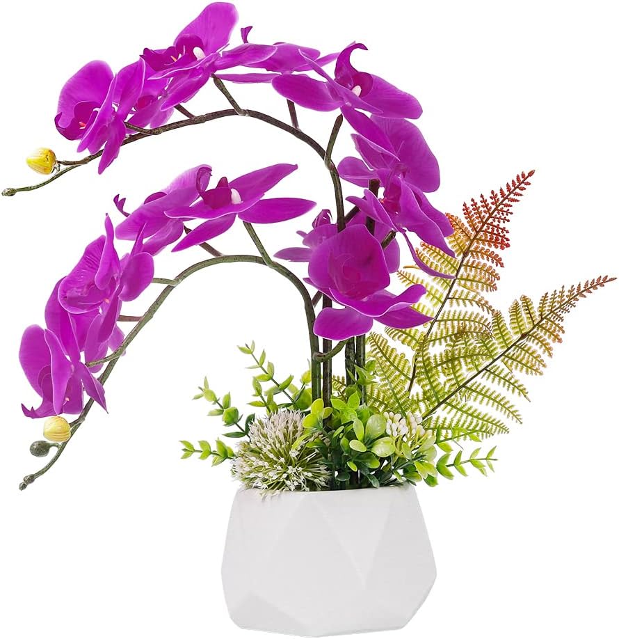 LESING Artificial Flowers Ochids Plants Fake Orchid in Pot Artificial Flowers with Vase Orquidea Faux Orchid for Home Indoor Decoration (Style 2,White Vase)