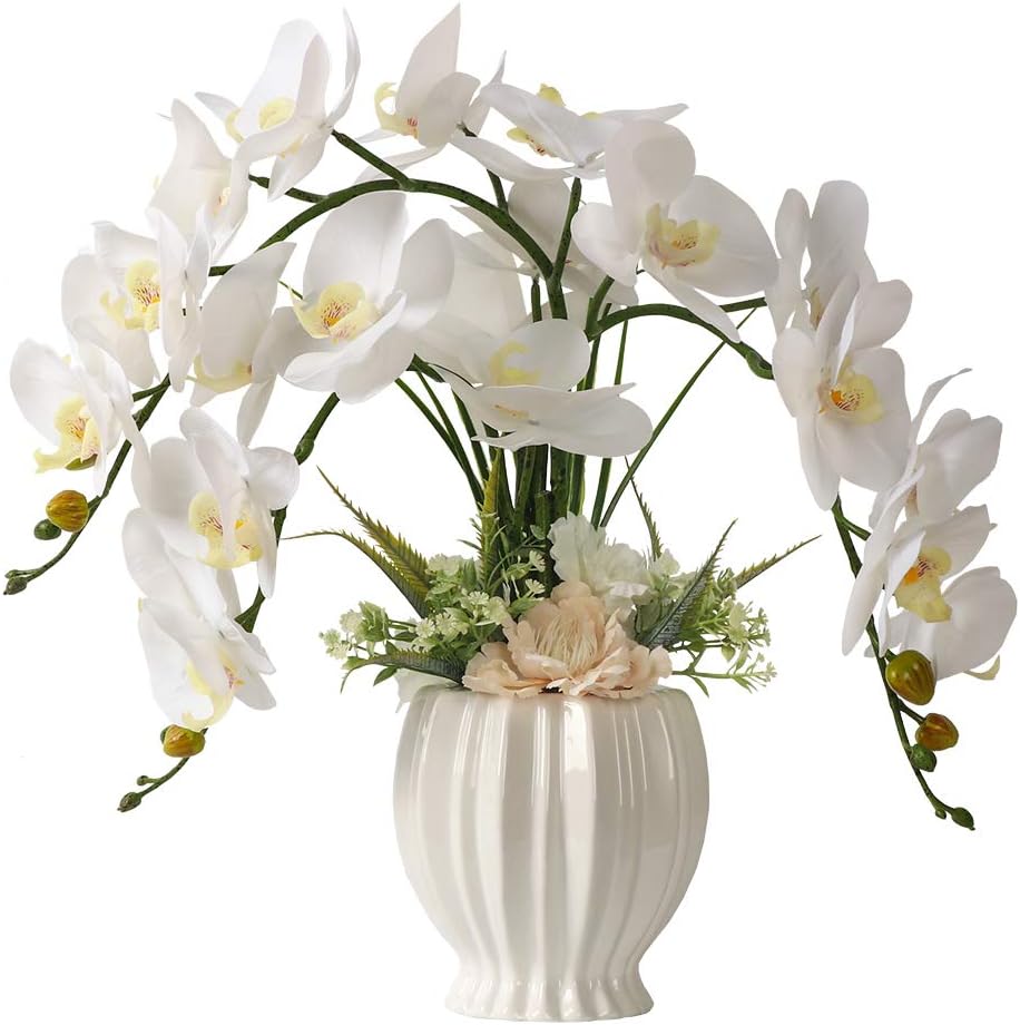 LESING Artificial Flowers Ochids Plants Fake Orchid in Pot Artificial Flowers with Vase Orquidea Faux Orchid for Home Indoor Decoration (Style 2,White Vase)