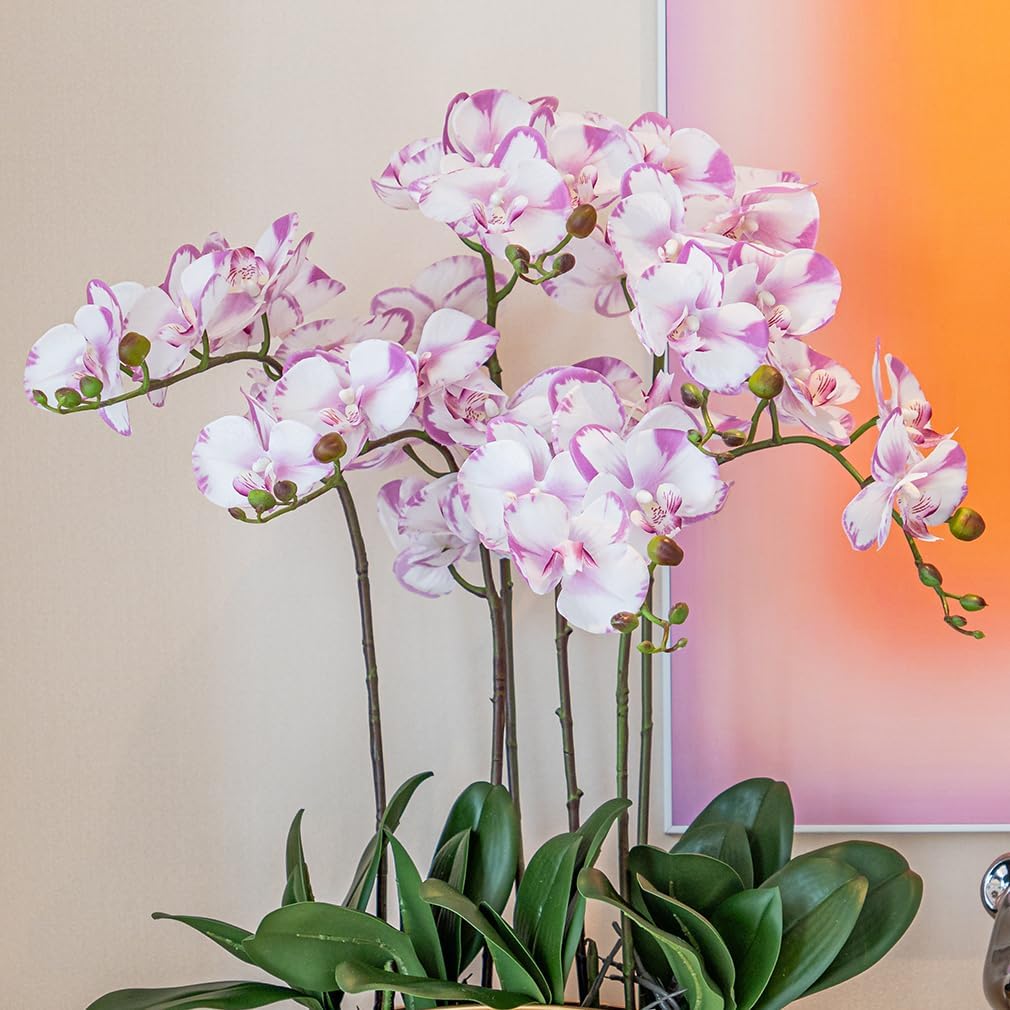 DUYONE 35 Inch Artificial Butterfly Orchid Flowers 4 Pcs with 4 Bundles Leaves Artificial Orchid Flowers Stem Plants for Home Décor (Light Purple 4pcs)