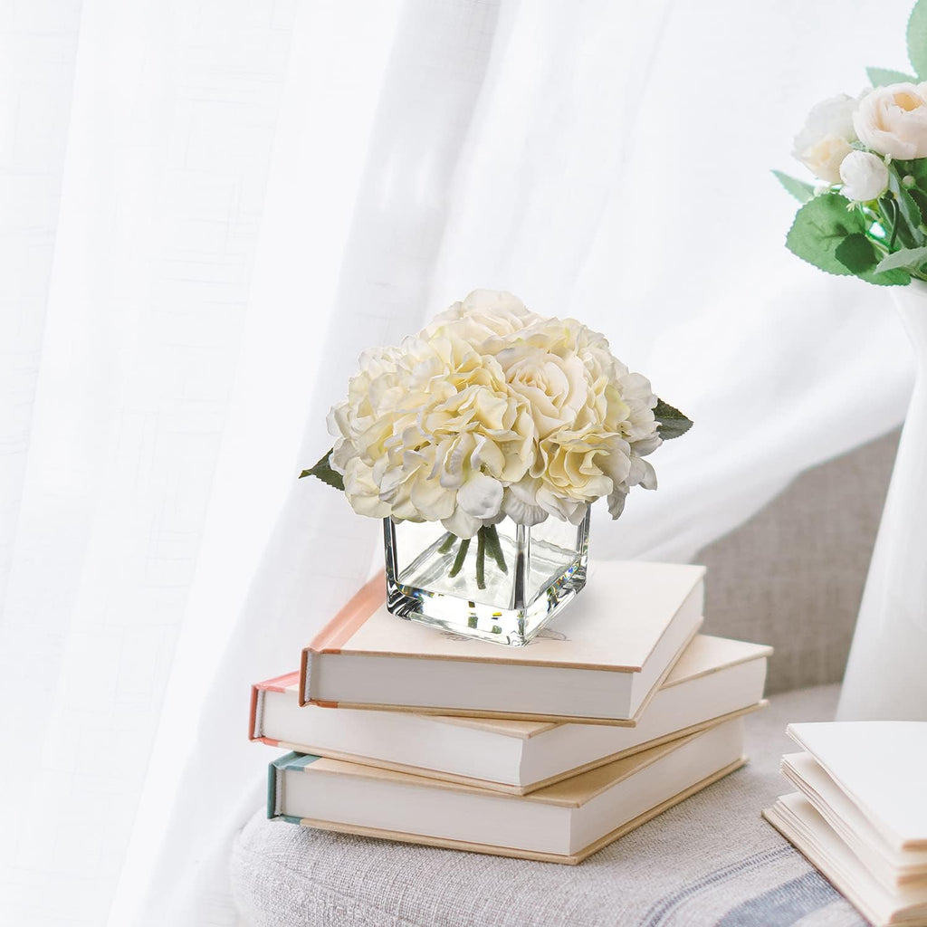 Cream Hydrangea & Peony Faux Silk Flowers - Artificial Floral Arrangements with Vase for Home Office Table Shelf Decor