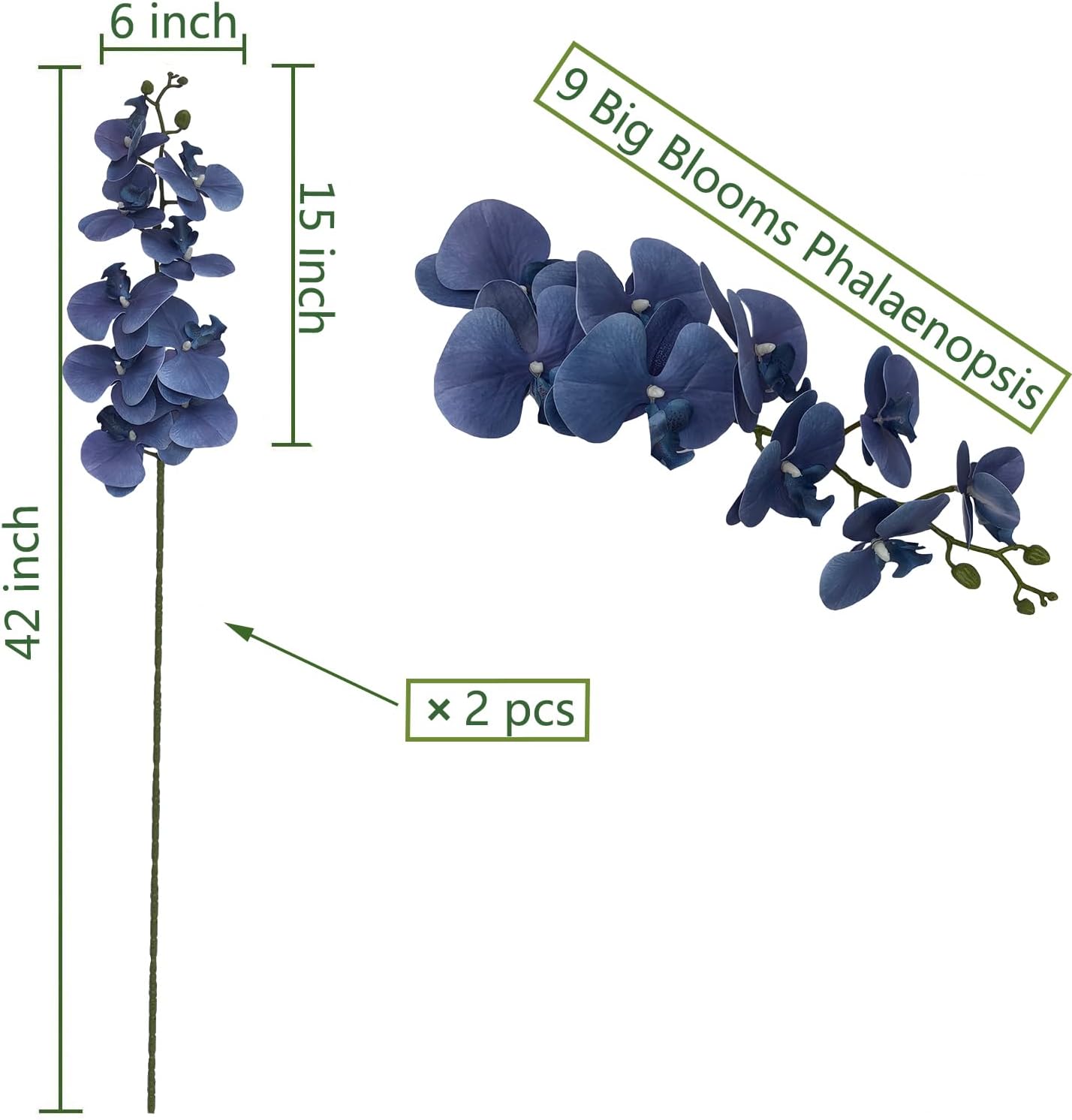 FagusHome Artificial Phalaenopsis Flowers Branches 9 Large Blooms Artificial Orchid Flowers Stem Plants 42 Inches 2 Pcs for Home Wedding Décor (Blue)