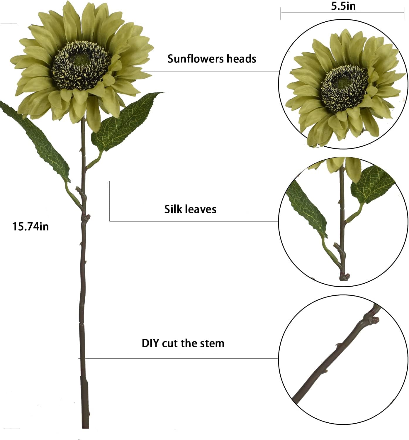 WISTART 8pcs Artificial Sunflower Flowers Long Stem Large Silk Sunflowers Bridal Wedding Bouquet Fake Yellow Flower Arrangements for Outdoor