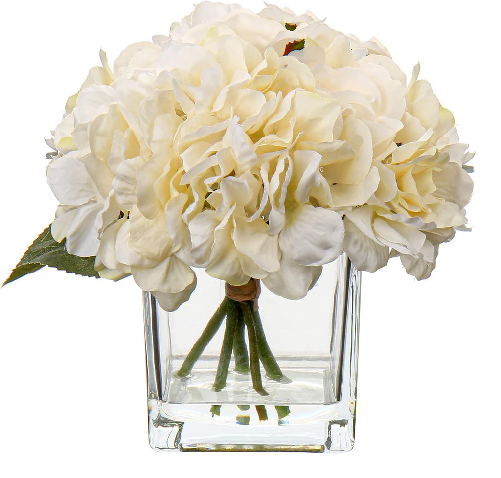 Cream Hydrangea & Peony Faux Silk Flowers - Artificial Floral Arrangements with Vase for Home Office Table Shelf Decor