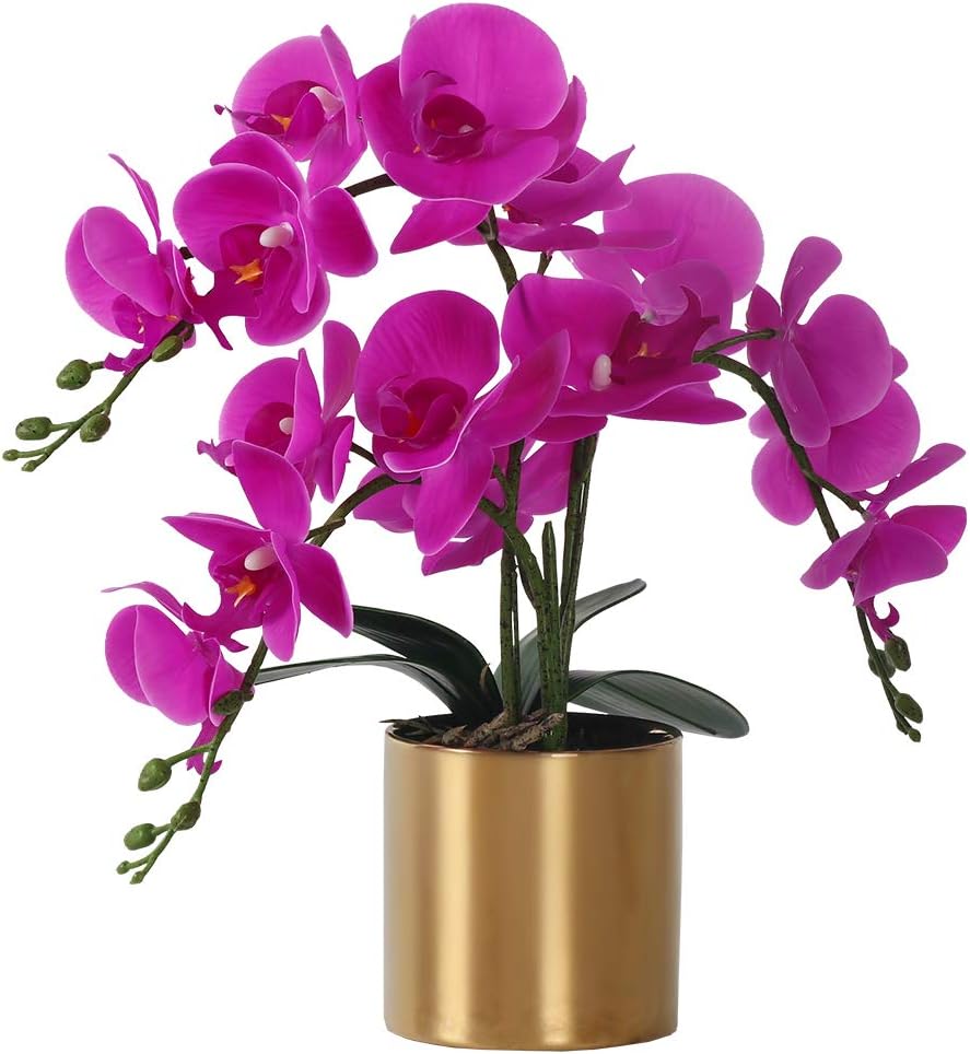 LESING Artificial Orchid Flower with Vase, White Orchid Bonsai Faux Orchid Phalaenopsis Plant Pot Arrangements for Home Decoration (White,Gold Vase)
