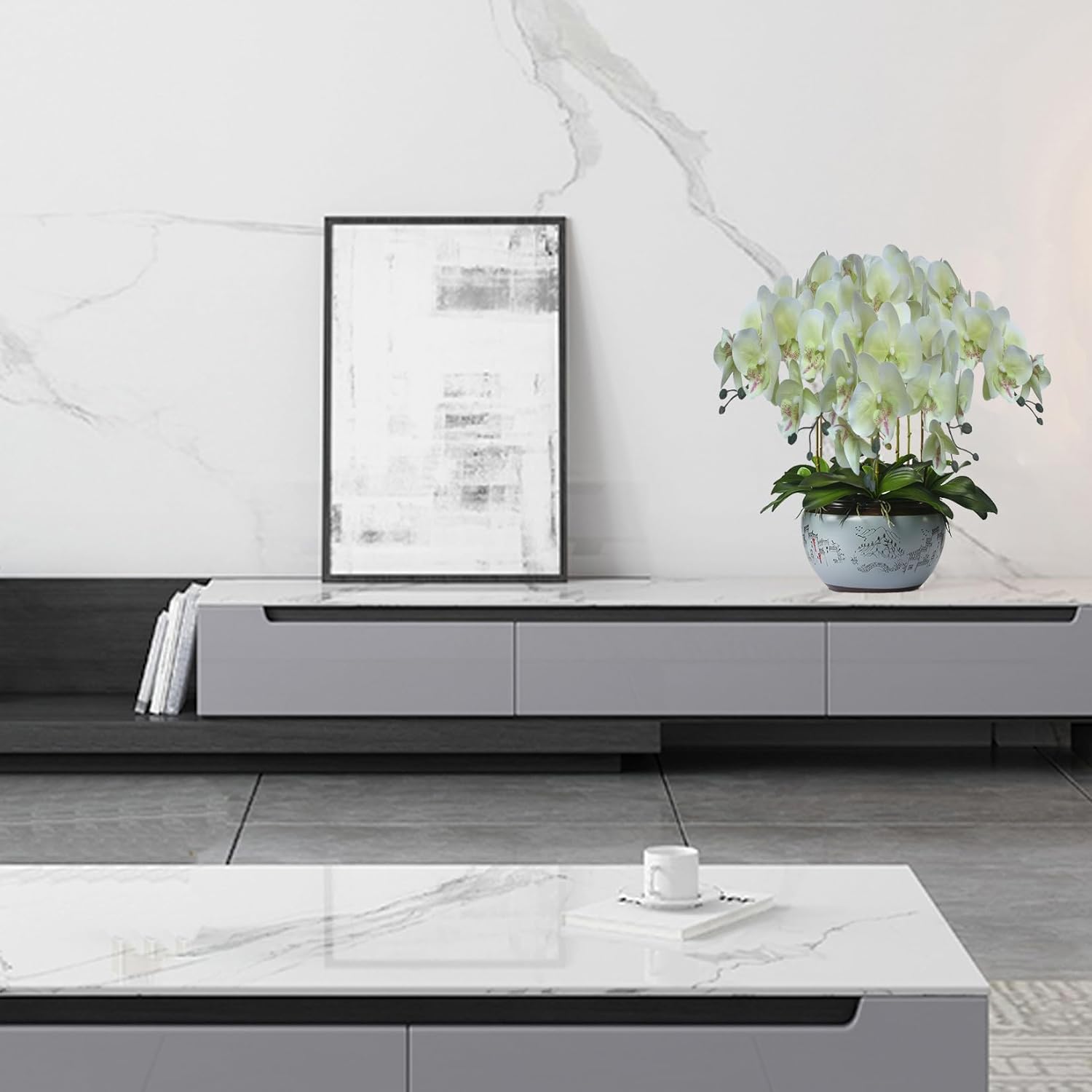 FagusHome 32" Artificial Phalaenopsis Flowers 6 Pcs with 4 Bundles Leaves Artificial Orchid Flowers Stem Plants for Home Décor (6Pcs)