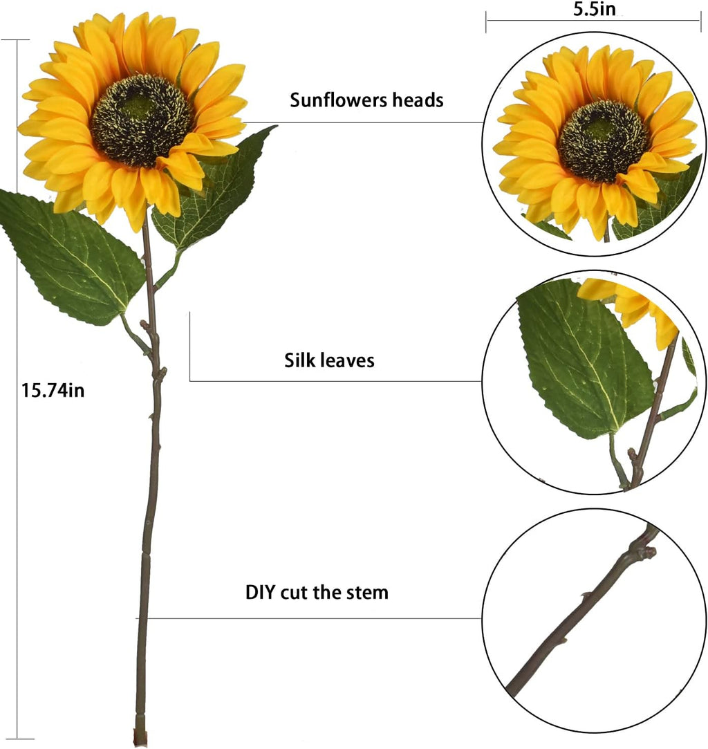 WISTART 8pcs Artificial Sunflower Flowers Long Stem Large Silk Sunflowers Bridal Wedding Bouquet Fake Yellow Flower Arrangements for Outdoor
