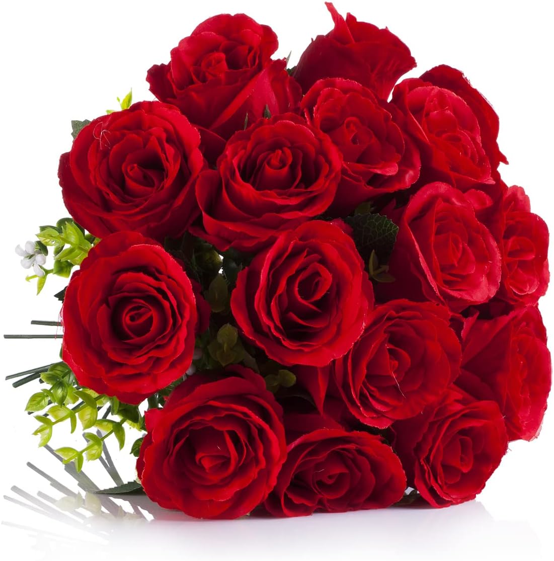 Enova Floral 18 Heads Silk Rose Artificial Flowers in Vase, Red Faux Rose Flowers Arrangement in Round Bowl Vase with Faux Water for Table Decoration (Red)