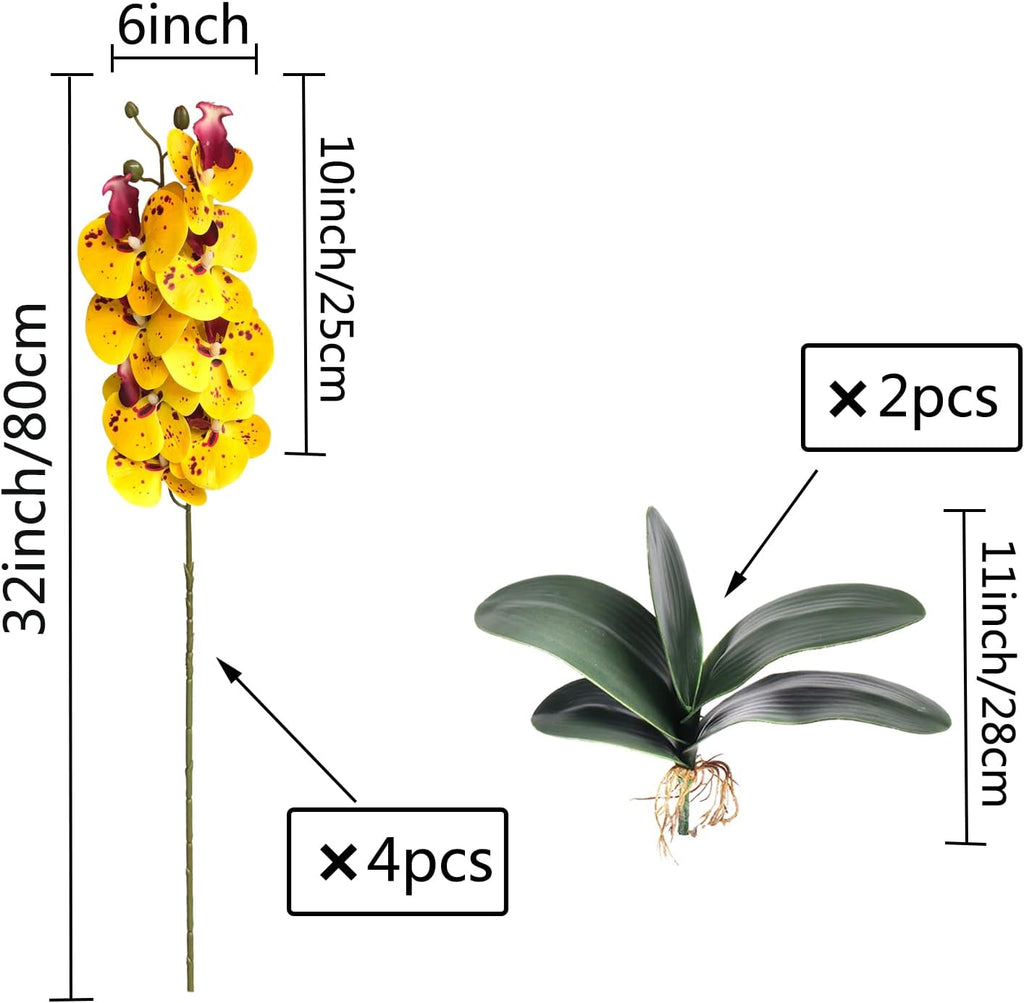 FagusHome 32 Inches Artificial Phalaenopsis Flowers 4 Pcs with 2 bundles Leaves Artificial Orchid Flowers Stem Plants for Home Décor (White)