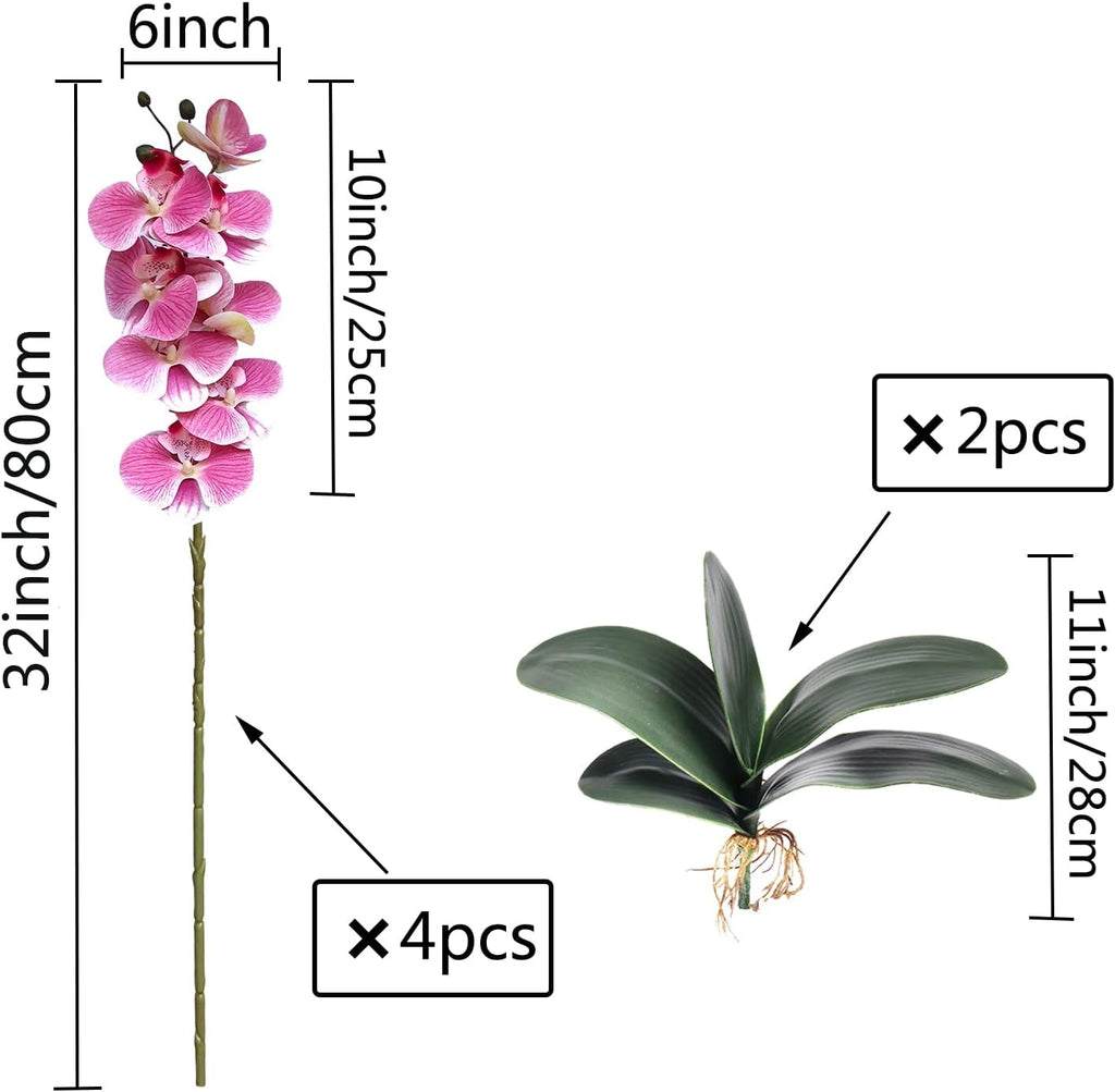 FagusHome 32 Inches Artificial Phalaenopsis Flowers 4 Pcs with 2 bundles Leaves Artificial Orchid Flowers Stem Plants for Home Décor (White)