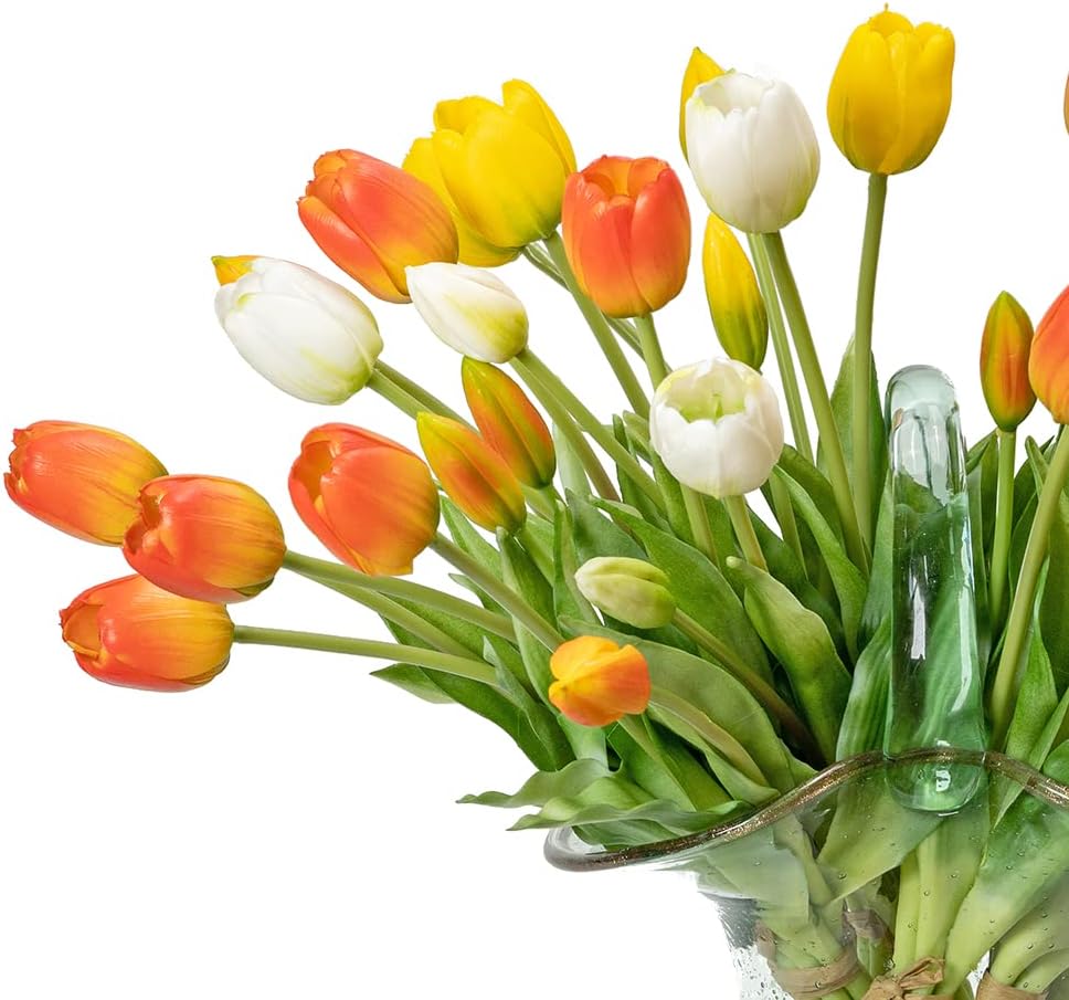 DUYONE 15pcs Artificial Tulips Flowers, Real Touch Latex Bouquet, Fake Tulips for Office Wedding Party Home Kitchen Garden Decoration(White,15pcs)