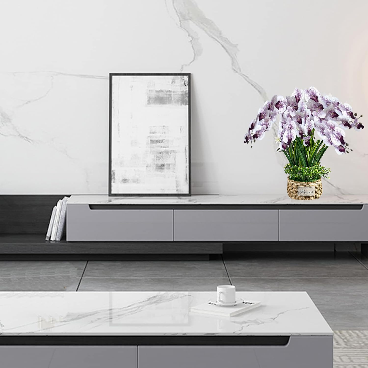 FagusHome 32 Inches Artificial Phalaenopsis Flowers 4 Pcs with 2 bundles Leaves Artificial Orchid Flowers Stem Plants for Home Décor (White)