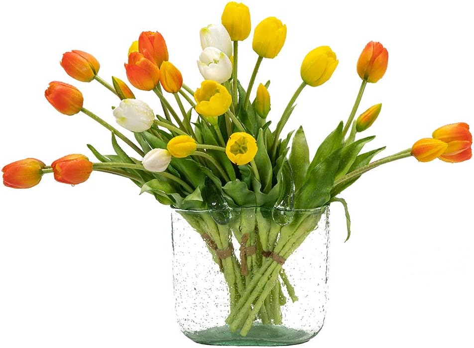 DUYONE 15pcs Artificial Tulips Flowers, Real Touch Latex Bouquet, Fake Tulips for Office Wedding Party Home Kitchen Garden Decoration(White,15pcs)