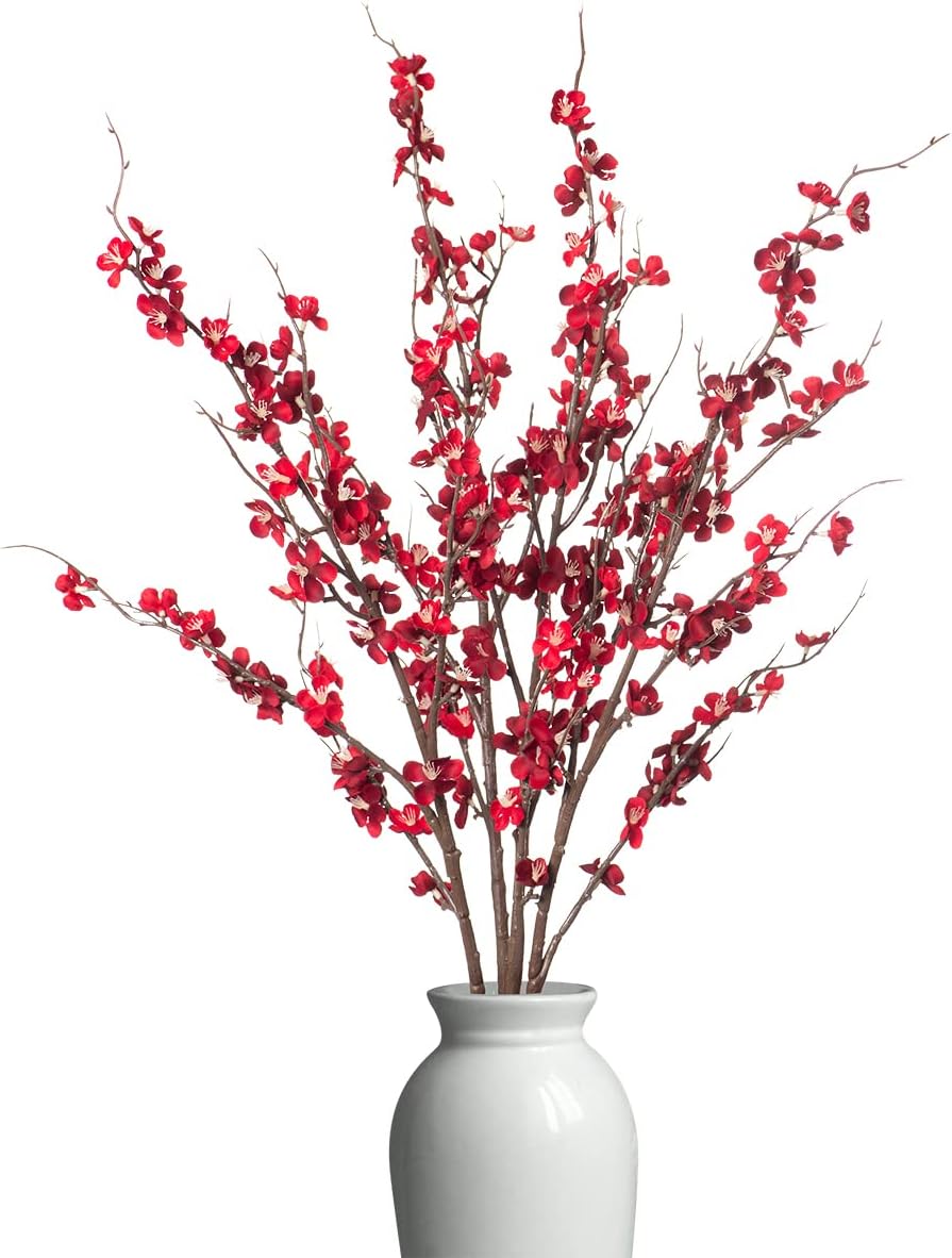 Ammyoo 4 PCS Artificial Plum Blossom Party Decorations Fake Cherry Flowers Faux Long Stems Wintersweets Silk Flowers Arrangement for Wedding Home Office Bedroom Decor(White)