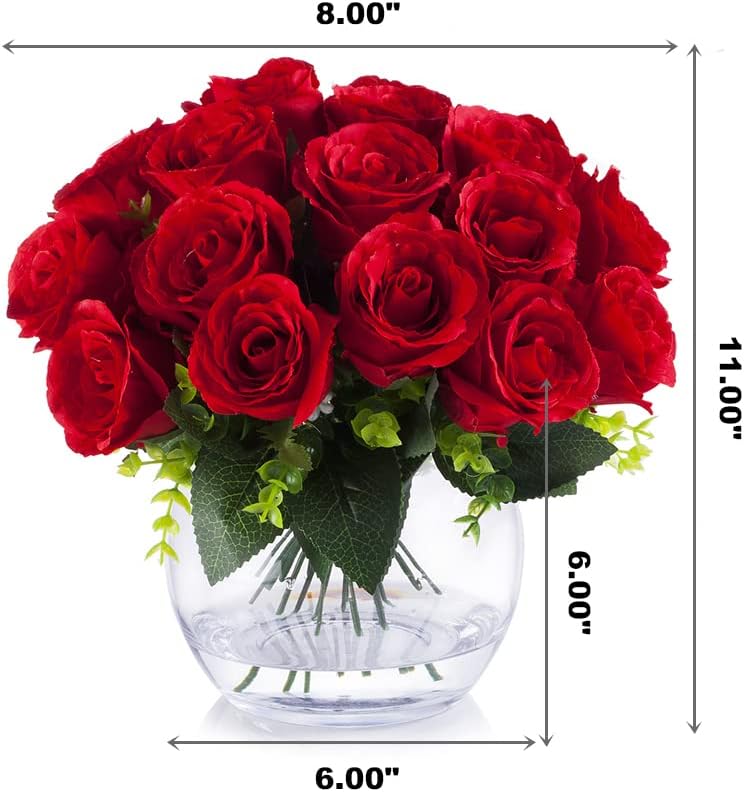 Enova Floral 18 Heads Silk Rose Artificial Flowers in Vase, Red Faux Rose Flowers Arrangement in Round Bowl Vase with Faux Water for Table Decoration (Red)