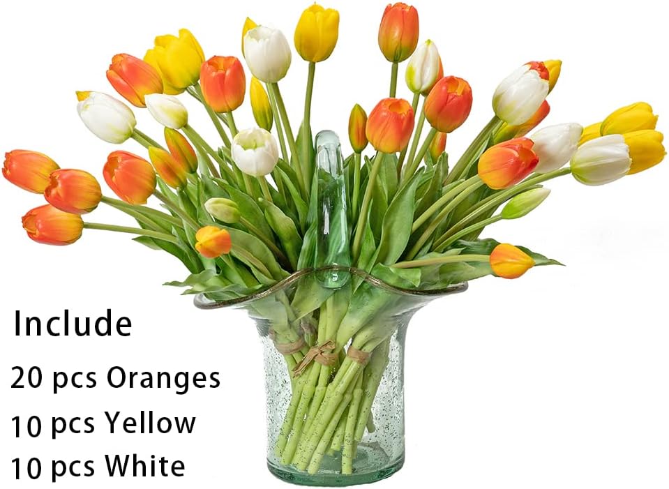 DUYONE 15pcs Artificial Tulips Flowers, Real Touch Latex Bouquet, Fake Tulips for Office Wedding Party Home Kitchen Garden Decoration(White,15pcs)
