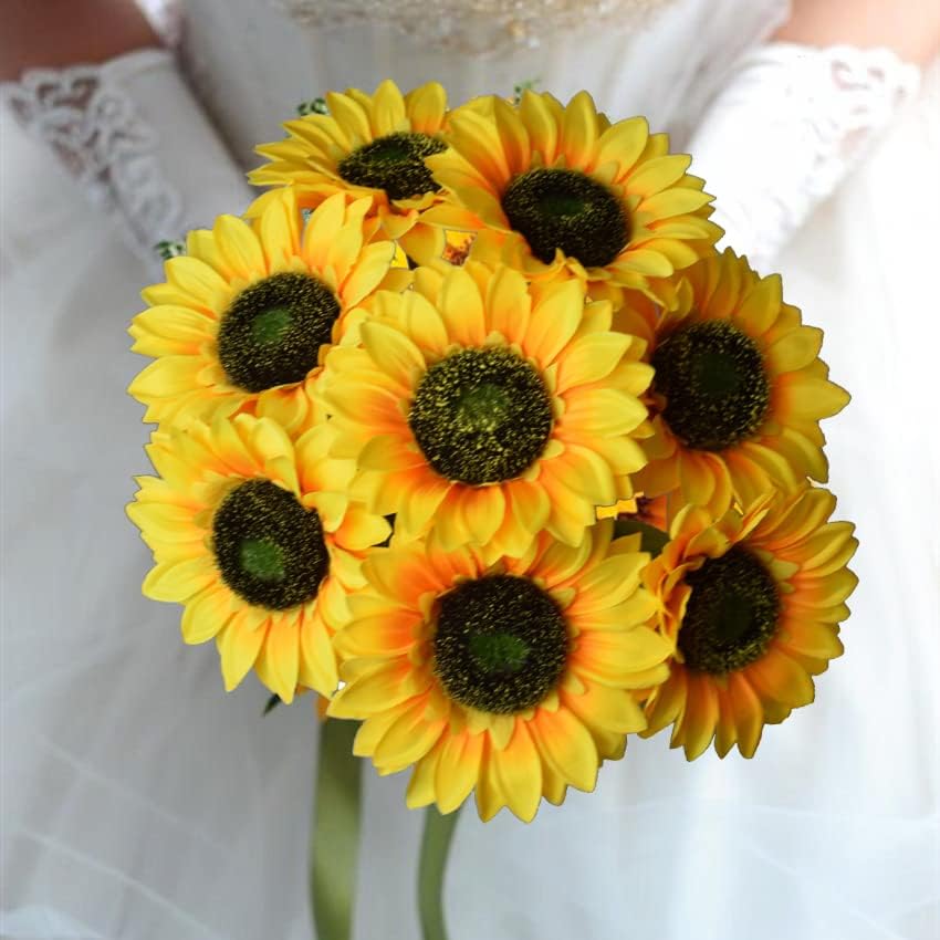 WISTART 8pcs Artificial Sunflower Flowers Long Stem Large Silk Sunflowers Bridal Wedding Bouquet Fake Yellow Flower Arrangements for Outdoor