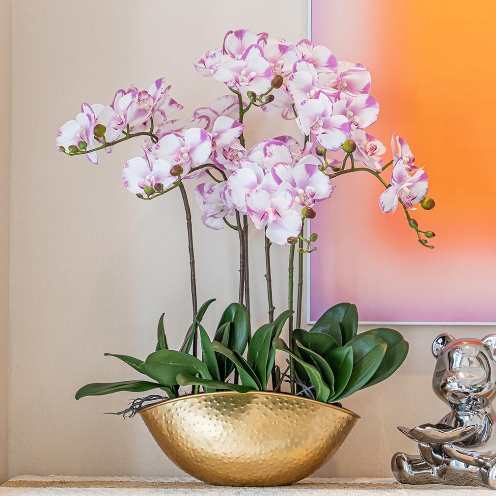 DUYONE 35 Inch Artificial Butterfly Orchid Flowers 4 Pcs with 4 Bundles Leaves Artificial Orchid Flowers Stem Plants for Home Décor (Light Purple 4pcs)