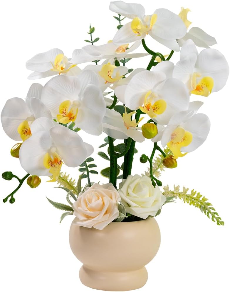 LESING Artificial Orchid Flower with Vase, White Orchid Bonsai Faux Orchid Phalaenopsis Plant Pot Arrangements for Home Decoration (White,Gold Vase)