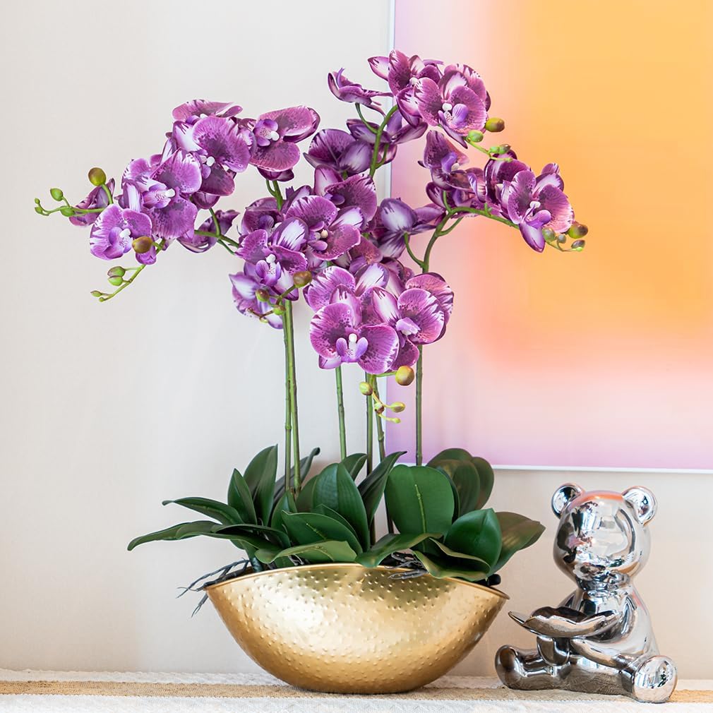 DUYONE 35 Inch Artificial Butterfly Orchid Flowers 4 Pcs with 4 Bundles Leaves Artificial Orchid Flowers Stem Plants for Home Décor (Light Purple 4pcs)