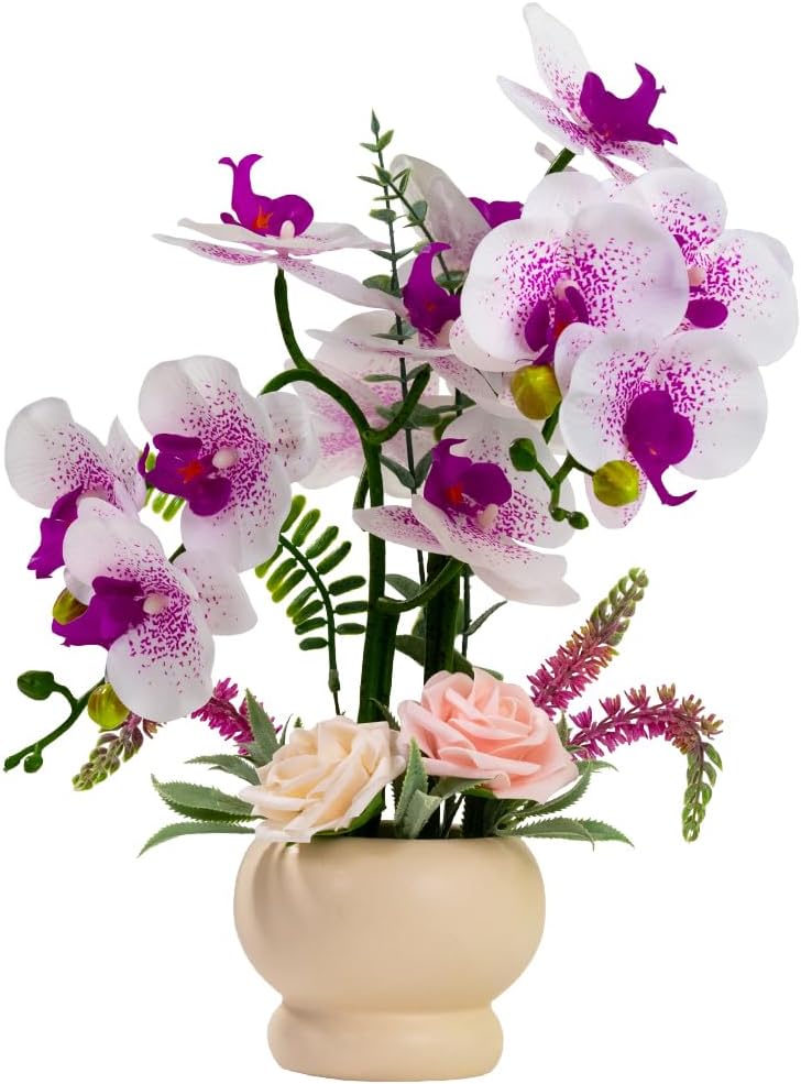 LESING Artificial Orchid Flower with Vase, White Orchid Bonsai Faux Orchid Phalaenopsis Plant Pot Arrangements for Home Decoration (White,Gold Vase)