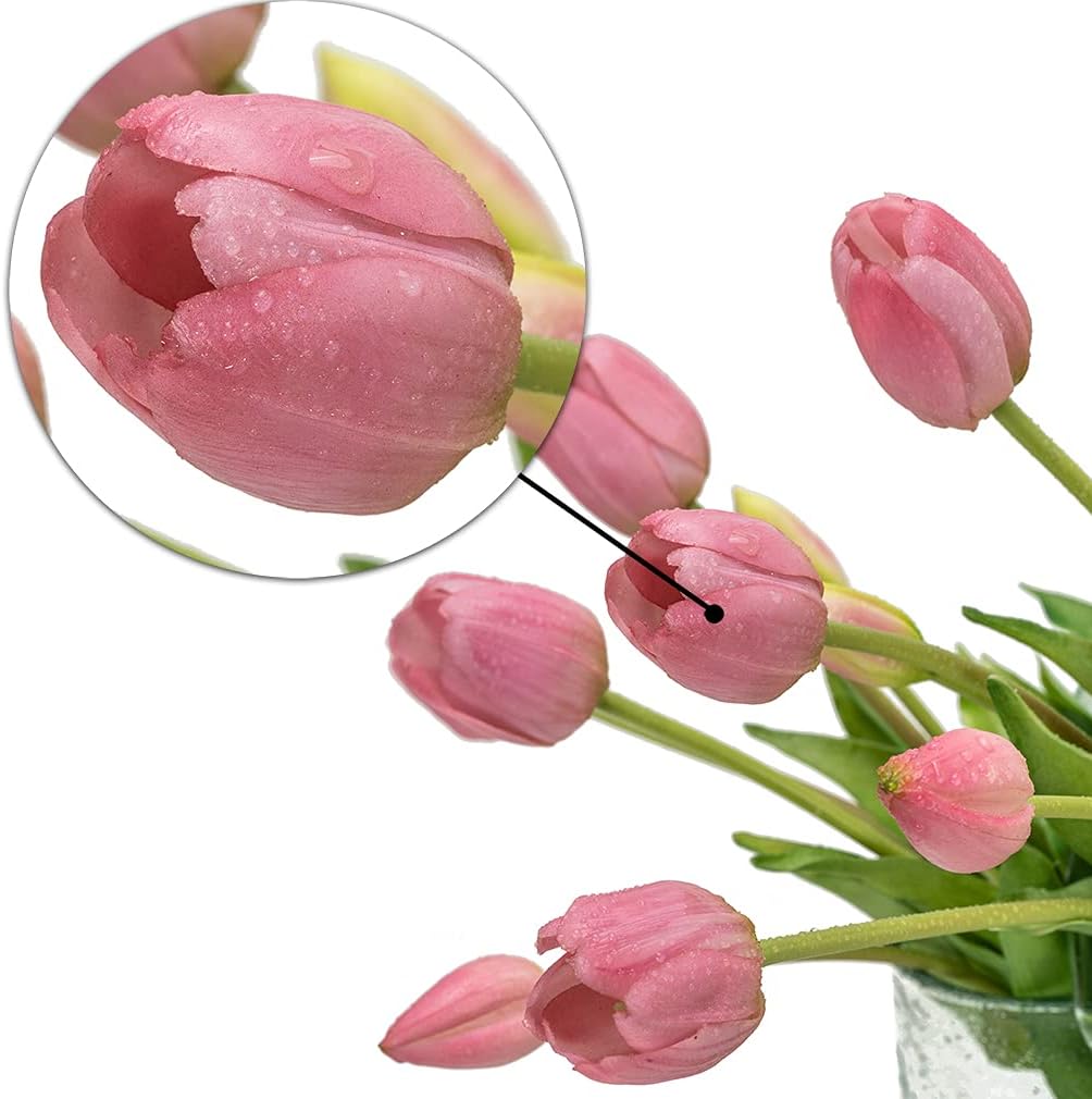 DUYONE 15pcs Artificial Tulips Flowers, Real Touch Latex Bouquet, Fake Tulips for Office Wedding Party Home Kitchen Garden Decoration(White,15pcs)