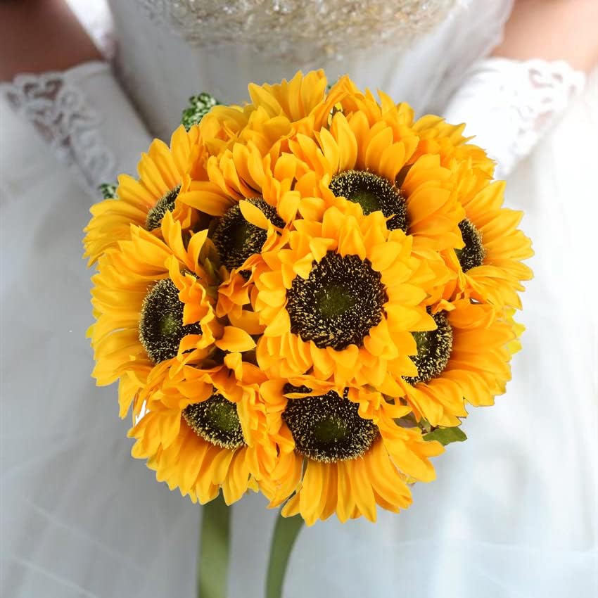 WISTART 8pcs Artificial Sunflower Flowers Long Stem Large Silk Sunflowers Bridal Wedding Bouquet Fake Yellow Flower Arrangements for Outdoor