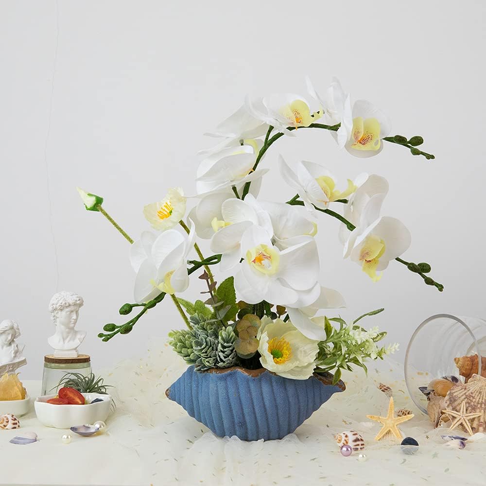 LESING Artificial Orchid Flower with Vase, White Orchid Bonsai Faux Orchid Phalaenopsis Plant Pot Arrangements for Home Decoration (White,Gold Vase)