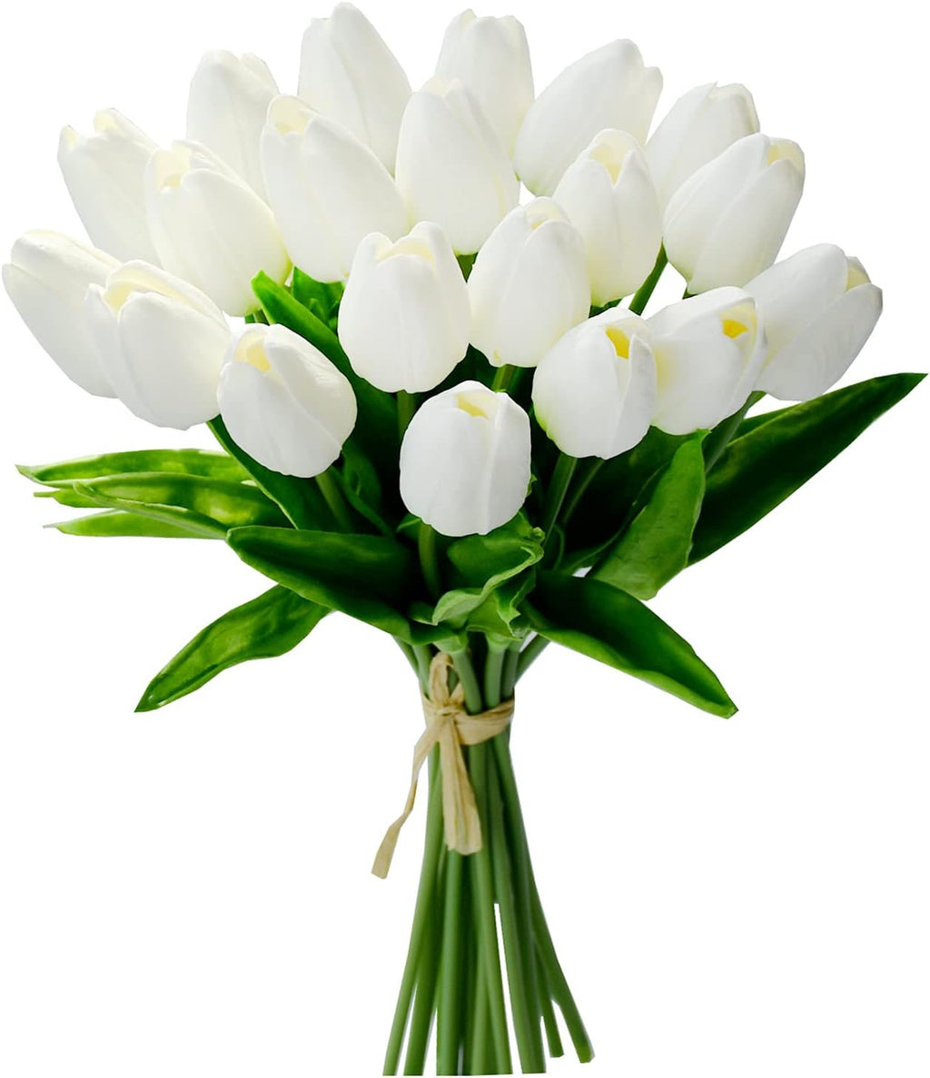 Mandy's 20pcs Pure White Flowers Artificial Tulip Silk Flowers 13.5" in Bulk Home Kitchen Wedding Decorations