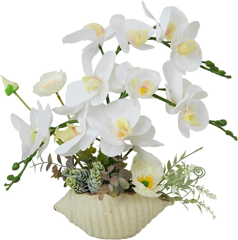 LESING Artificial Orchid Flower with Vase, White Orchid Bonsai Faux Orchid Phalaenopsis Plant Pot Arrangements for Home Decoration (White,Gold Vase)