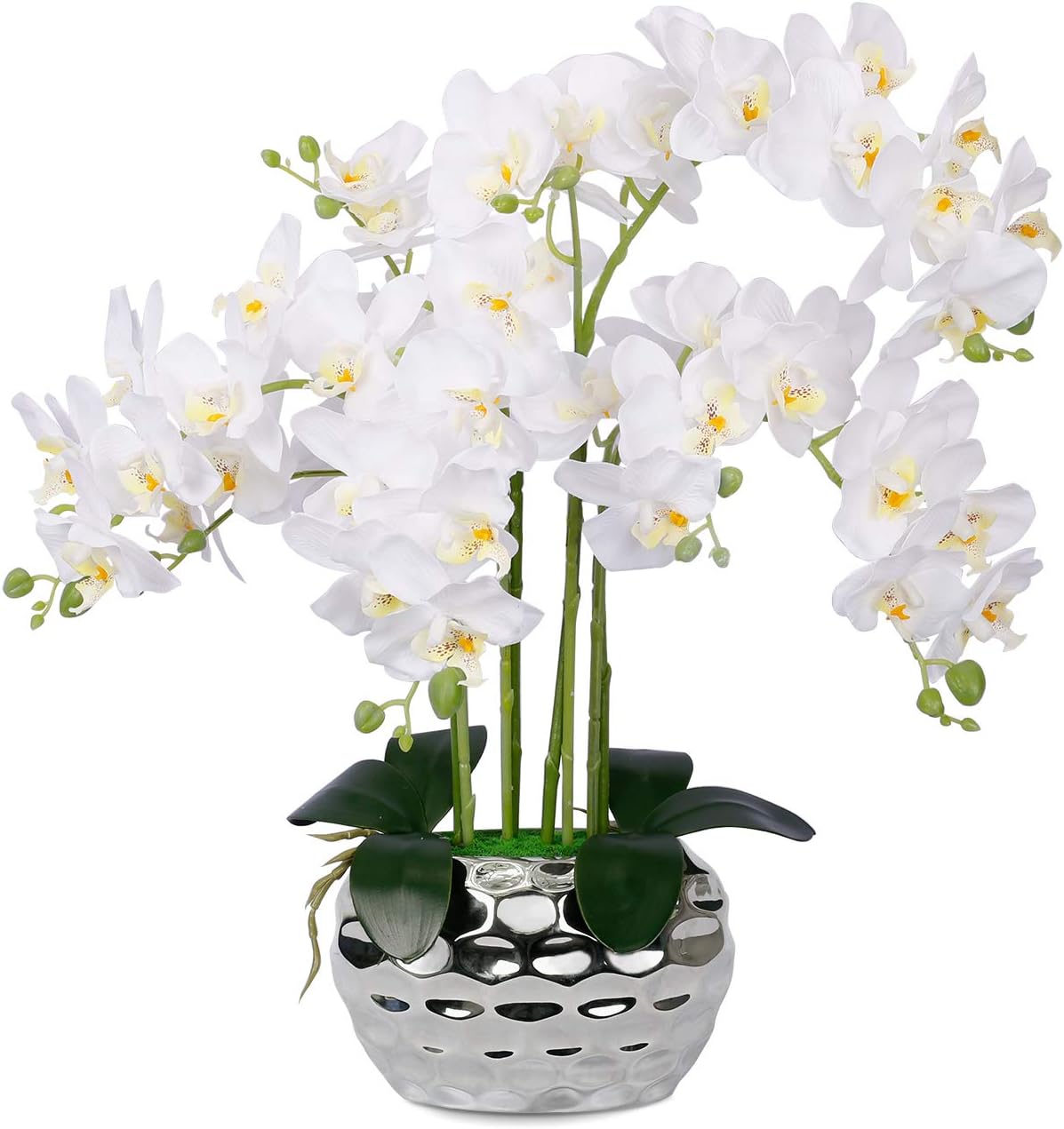 Artificial Orchid in Gold Vase White Orchid Silk Orchids Faux Orchid Plant in Gold Pot Fake Flower Arrangement White Flowers Artificial for Decoration Home Decor Kitchen Decoration Table Centerpieces